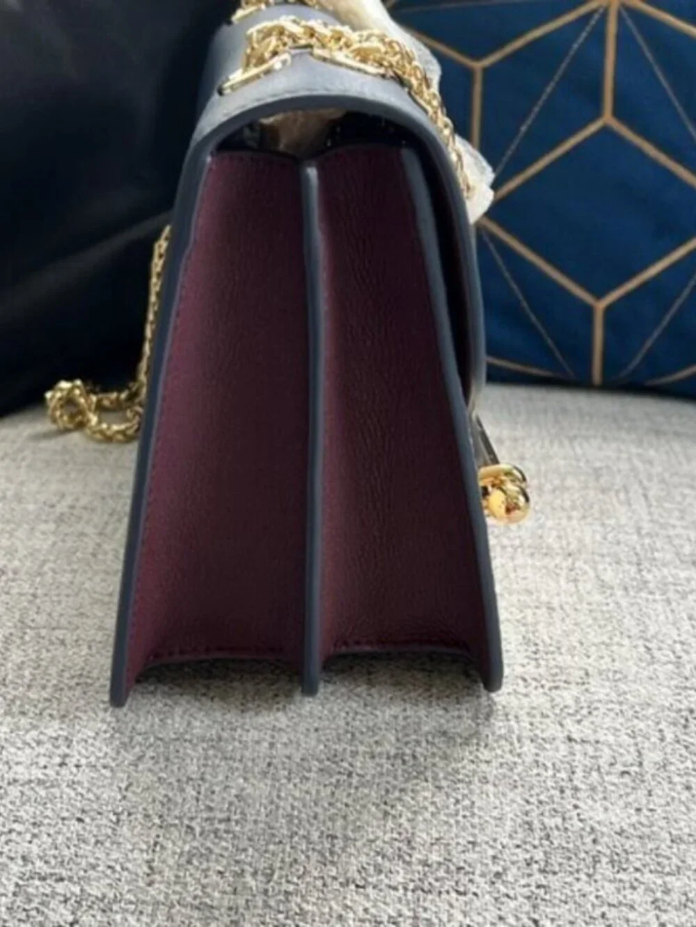 New Strathberry Navy Cream Leather Mini Bag w/ Shearling Handle & Gold Hardware